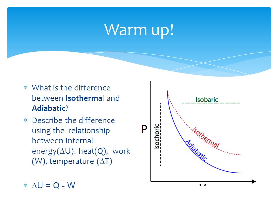 Warm up.  What is the difference between Isothermal and Adiabatic.