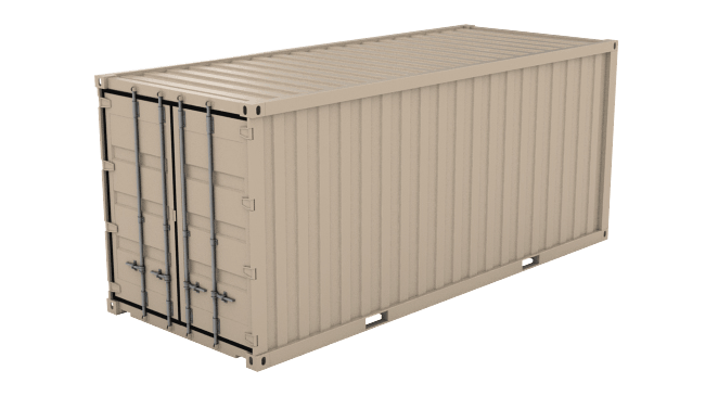 gold shipping container with a blue shipped.com logo on the side