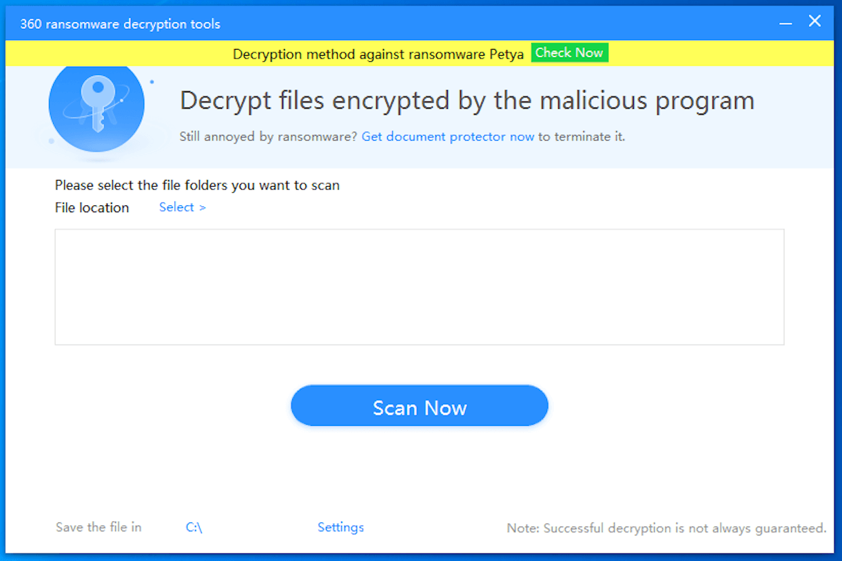 1. Open 360 Ransomware Decryption Tool and click the yellow banner on the top to start the decryption process.
