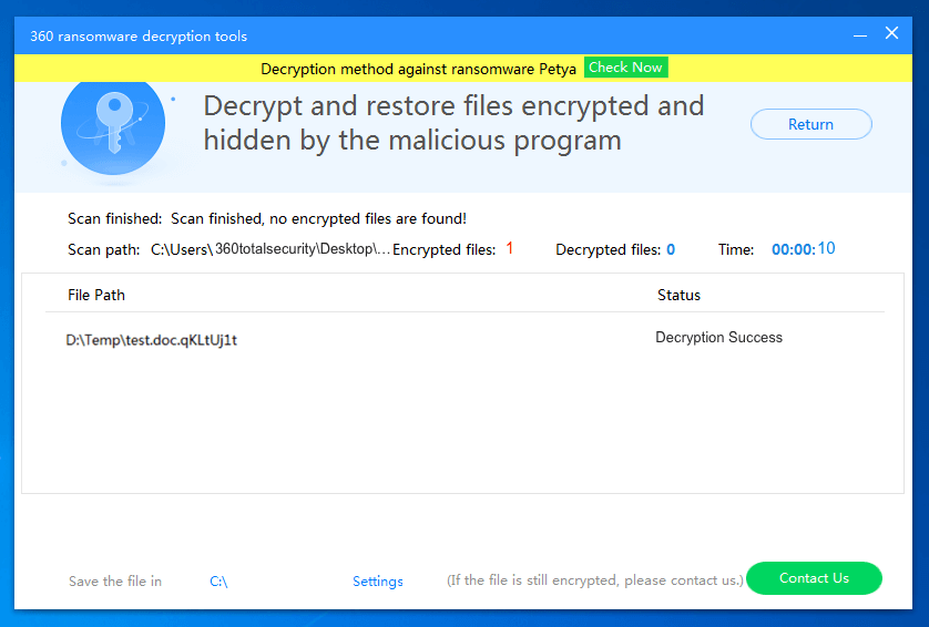 11. Wait until 360 Ransomware Decryption Tool brings your files back. Don